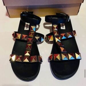 Steve Madden Black Sandals with Gold and Red Studs